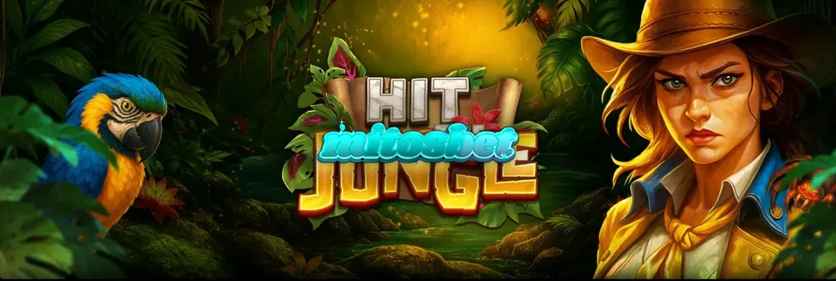 Pemandangan visual slot Hit the Jungle dengan latar belakang hutan tropis yang lebat dan simbol-simbol bertema petualangan.
